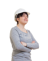 Confident young woman engineer keepse arms folded, wearing protection helmet looking away isolated on transparent background