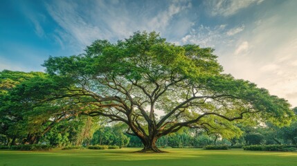 Majestic Tree with Sprawling Branches and Vibrant Green Foliage Against a Blue Sky in Park