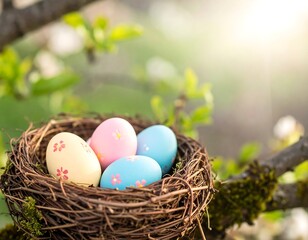 Obraz premium Colorful Easter eggs in a nest, nestled in a tree branch. Spring blossoms in the background