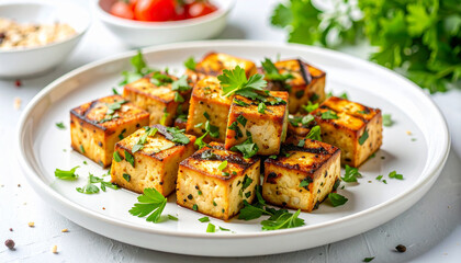 Grilled Tofu Cubes with Herbs and Dipping Sauce on Plate