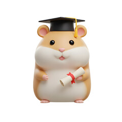 Cute 3D Cartoon Hamster with Graduation Cap and Diploma, Isolated on a Transparent PNG