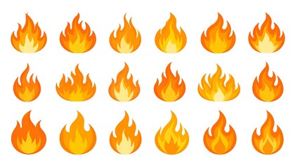 Collection of various cartoon depictions of flames in different positions, set against a clean white background.