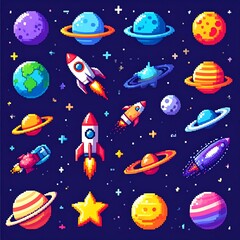 Fototapeta premium Pixel art space scene with planets, rockets, and stars