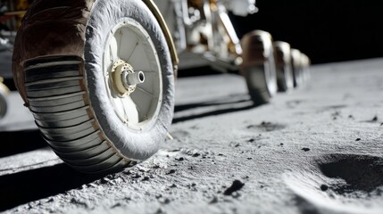 A close-up view of the wheel of an exploration rover on the lunar surface, bright soil contrasting with dark background,