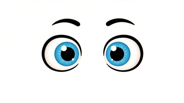 Close-up of cute cartoon big blue eyes with black eyebrows, isolated on white background