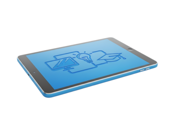 Illustration of tablet computer with educational icons on screen, isolated on transparent background