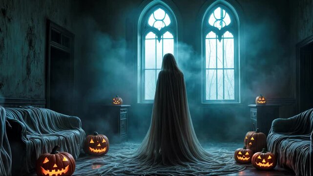 Spooky Abandoned Interior with Cloaked Phantom and Fog