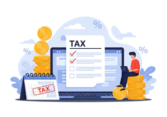 Illustration of tax concept with laptop, calendar, coins, and person isolated on transparent background