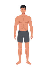 Fitness concept, motivated athlete poses in shorts, showcasing strength and determination, suitable for promoting sportswear, gym facilities, and exercise programs.