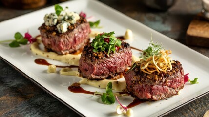 Espresso rubbed steak medallions trio with blue cheese crumbles, microgreens and crispy onions plated elegantly on white rectangular dish with sauce