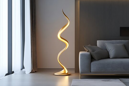 Slim gold floor lamp with sculptural LED swirl