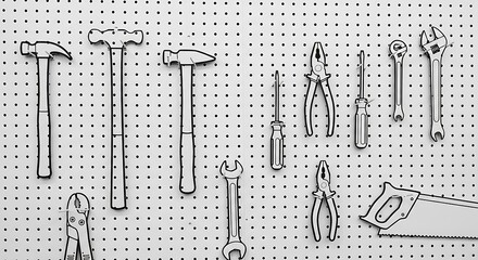 A grayscale illustration shows hand tools arranged on a pegboard, featuring hammers, pliers, and a saw
