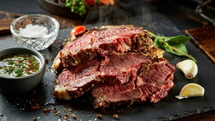 Prime rib sliced medium rare on dark slate with herb chimichurri sauce, garlic cloves and crystal salt bowl for gourmet dining presentation