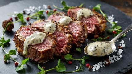 Gourmet truffle butter steak medallions with herb compound butter on slate plate, perfectly seared beef filets with melting truffle butter and microgreens garnish