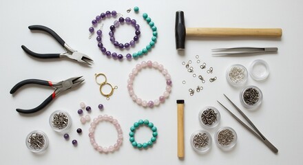 Jewelry Making Tools and Colorful Beads Arranged Flat Lay