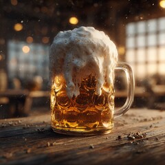 Refreshing Golden Beer Mug with Overflowing Froth on Rustic Wooden Table in a Warm Pub Setting