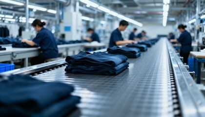 Garment Factory Assembly Line: Workers Inspecting Clothing on Conveyor Belt in Textile Manufacturing Plant
