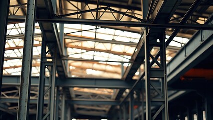 Industrial steel beams in a construction setting showcase architectural details with soft natural light.