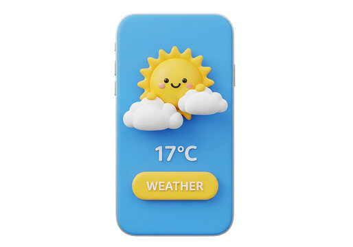 Illustration of cute weather app icon on phone screen isolated on transparent background