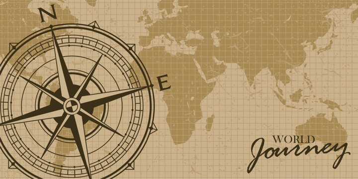 Vintage Compass with old world map Illustration . Wind Rose. . World nautical vintage star for mariners latitude and longitude navigation measurement equipment. Concept on the topic of sea voyages