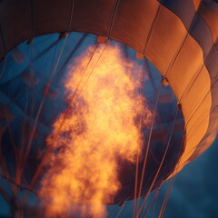 Obraz premium Hot air balloon burner with intense flame heating the envelope, preparing for an adventurous flight.