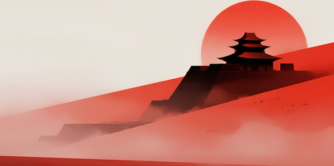 Silhouette of a Traditional Pagoda Against a Red Sunset