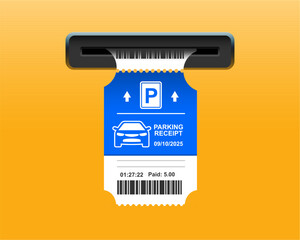 Parking ticket for car. Paper receipt in pay machine on exit. terminal before barrier, for payment of bill or tax. Icon of invoice for park zone. Vector.

