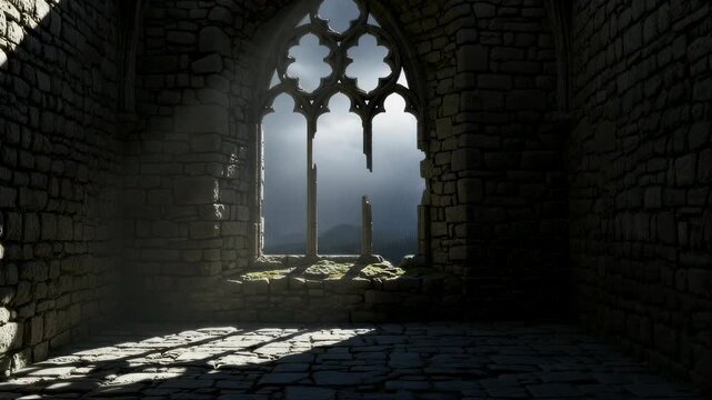 Lightning strikes outside a dark gothic castle ruins window during a stormy day, evoking fear and horror footage