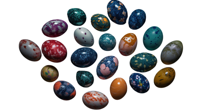 Colorful, patterned eggs in a cluster