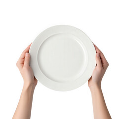 Hands holding a white ceramic plate isolated on transparent background