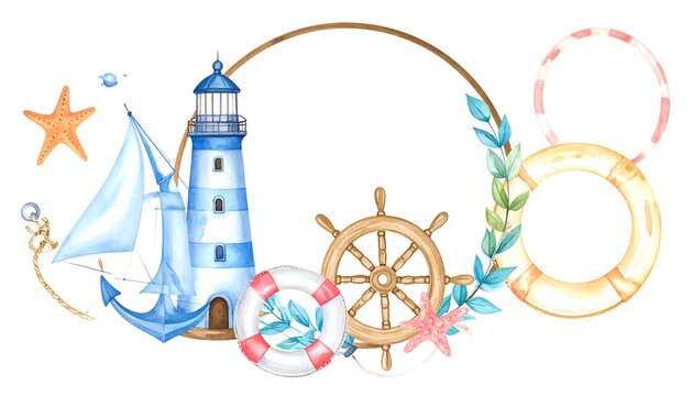 Watercolor nautical frame with lighthouse, sailboat, and life preservers