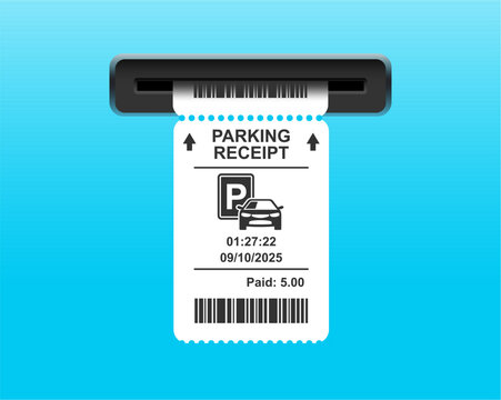 Parking ticket for car. Paper receipt in pay machine on exit. terminal before barrier, for payment of bill or tax. Icon of invoice for park zone. Vector.
