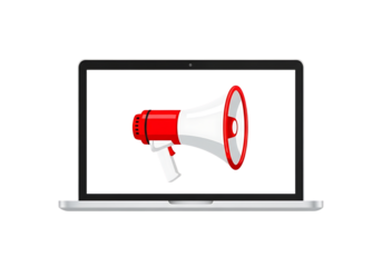 Illustration of megaphone on laptop screen isolated on transparent background