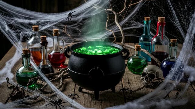 Halloween composition with boiling green potion in cauldron, spooky skull, witch bottles on wooden table, horror concept footage.