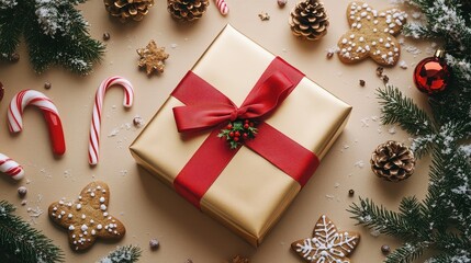 Fototapeta premium Festive christmas gift box with decorations on beige background viewed from above