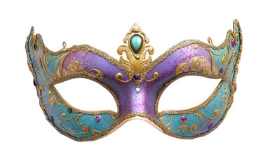 Ornate purple and teal venetian masquerade mask with gold trim and jewels, isolated on transparent background