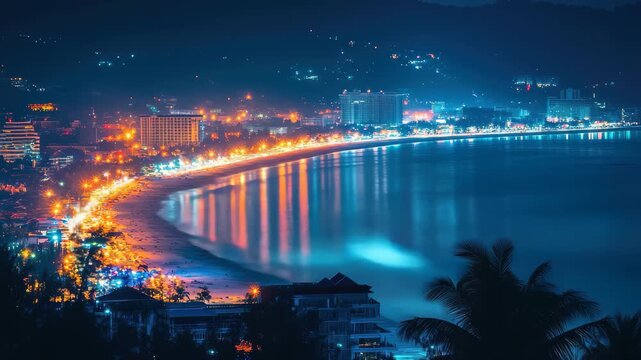 Patong beach in Phuket island at night with vibrant city lights and calm waters, Patong beach Phuket island Thailand night city landscape Asia travel resort