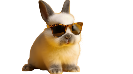 Cute bunny wearing sunglasses. A fluffy, light-colored bunny with gray ears and nose, seated, and wearing trendy sunglasses