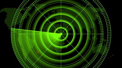 Radar screen animation on black background. Radar Navigation is looking for objects. Technology world map radar screen animation. - Powered by Adobe