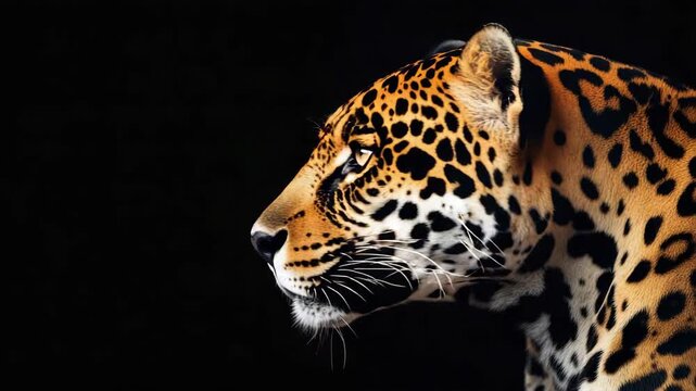 Close-up of jaguar with dark background, showing its detailed spots and intense gaze