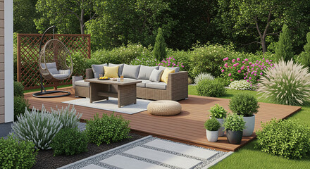 Modern Backyard Patio Design with Comfortable Furniture and Lush Greenery