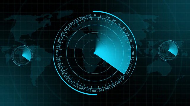 Glowing digital technology radar screen animated, Technology world map radar screen. Radar Hud concept on black background.