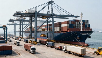 Naklejka premium Cargo Ship Docked at Port with Trucks Awaiting Loading, Depicting Global Trade and Logistics