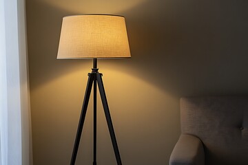 Tripod floor lamp with beige fabric drum shade
