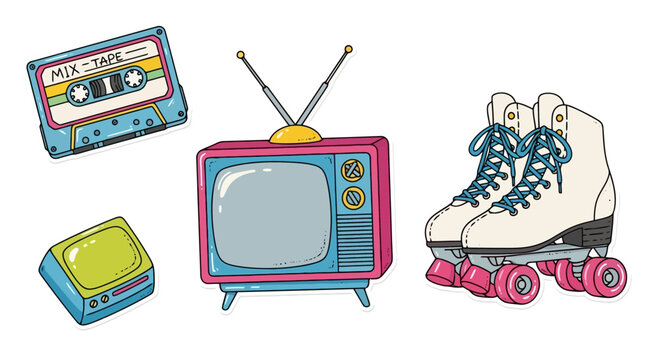 Nostalgic 80s Retro Collection: Cartoon Illustration of Cassette Tape, Television, and Roller Skates For Design Projects, Advertising, and Vintage-Themed Events