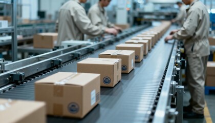 Plakat Automated Conveyor System with Cardboard Boxes in Manufacturing Facility, Workers Overseeing Production and Quality Control