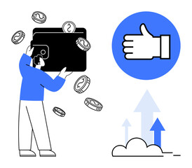 Man holding large wallet with falling coins, illustrating financial success and growth. Includes approval hand icon, upward arrows, and cloud element. Ideal for finance, investment, savings