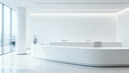 Modern White Reception Area with Curved Desk and Natural Light, Minimalist Interior Design