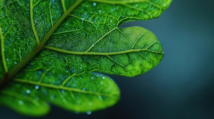 Close-up of a Vibrant Green Leaf Displaying Intricate Veins and Delicate Water Droplets Against a Soft Background