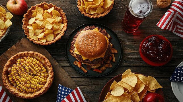 Festive 4th of july picnic with burgers, pies, and american flag decorations